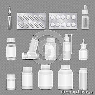 White blank medicine pharmaceutical packaging vector mockups isolated on transparent background Vector Illustration