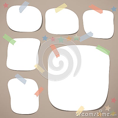 White blank note, notebook, copybook sheets with rounded corners stuck with colorful sticky tape on brown background. Vector Illustration