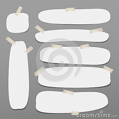 White blank note, notebook, copybook sheets with rounded corners stuck with sticky tape on grey background. Vector Illustration