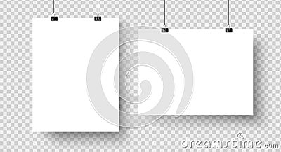 White blank posters hanging on binders. A4 paper page, sheet on wall. Vector mockup Vector Illustration