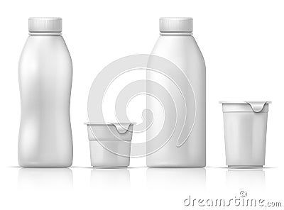 White blank round plastic yogurt can, container and bottles. Vector packaging mockup for dairy milk products Vector Illustration