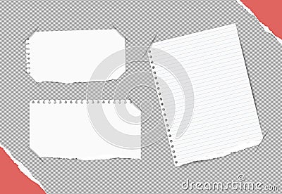 White blank, ruled notebook, copybook sheets inserted into gray squared background with red paper in corners. Vector Illustration