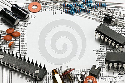 White blank space and closeup of electronic components, unit, part, circuit diagram, computer equipment and digital microchip - Stock Photo