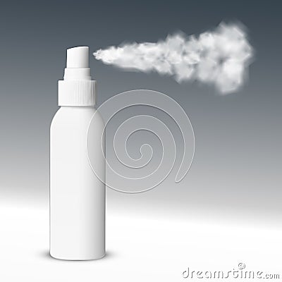 White Blank Sprayer Bottle. Side View With Spray Stock Photo