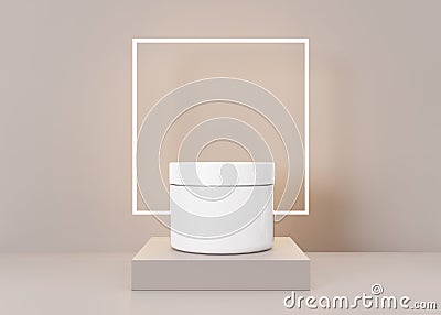 White and blank, unbranded cosmetic cream jar standing on podium. Skin care product presentation on beige background Stock Photo