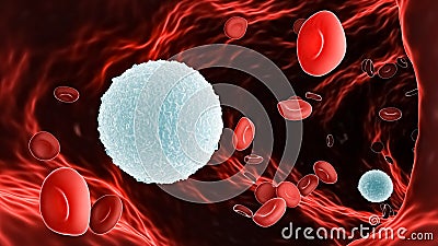 White blood cell or Lymphocyte B amidst red blood cells or erythrocytes within a blood vessel 3D rendering illustration. Immune Cartoon Illustration
