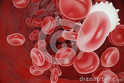 White blood cell between red blood cells, flow insice artery or vein, 3d rendering Stock Photo