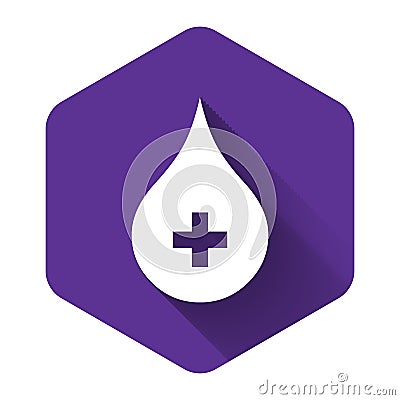 White Blood drop icon isolated with long shadow. Donate drop blood with cross sign. Donor concept. Purple hexagon button Vector Illustration