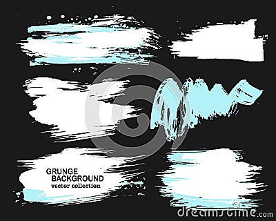 White and blue brush strokes on a black background, ink brush strokes, brushes, lines. Dirty artistic design elements Vector Illustration