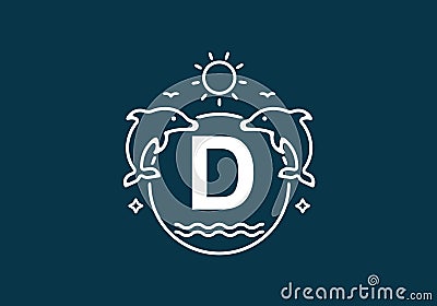 White blue color of D initial letter in dolphin and ocean frame Vector Illustration