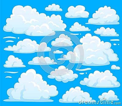 White cloud symbol for cloudscape background. Cartoon clouds symbols set for cloudy sky climate illustration vector Vector Illustration