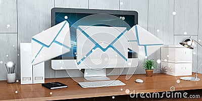 White and blue email flying over desktop 3D rendering Stock Photo