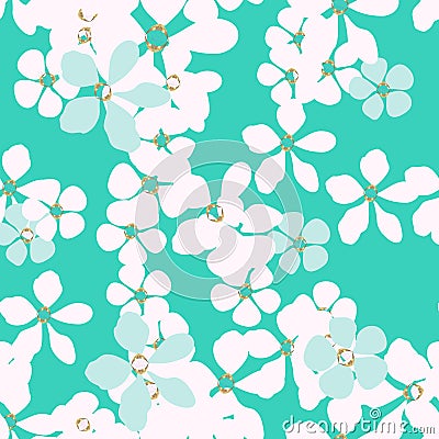 Abstract white and blue flowers with gold core on turquoise background. Vector Illustration