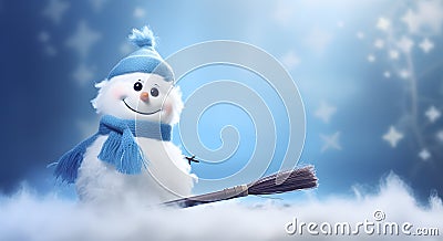 White and Blue Snowman with Broom in Bokeh Panorama Stock Photo
