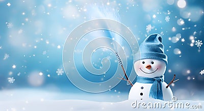 White and Blue Snowman with Broom in Bokeh Panorama Stock Photo