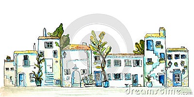 White and blue town street with small houses and trees. Watercolor painting, urban sketch. Stock Photo