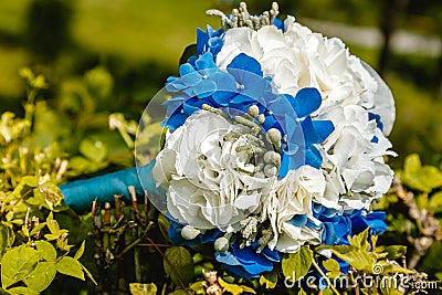 White blue unusual Bridal bouquet on a natural green background. Summer Stock Photo