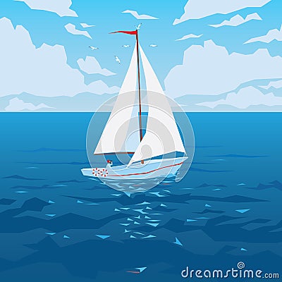 White boat with sail and red flag. Vector Illustration