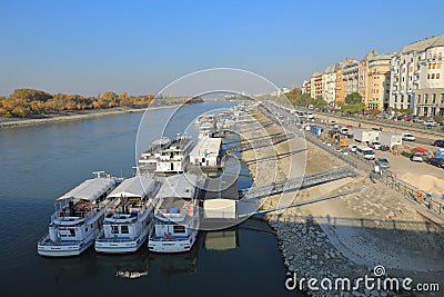 Boats anchoring on Danube bank in Budapest Editorial Stock Photo