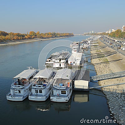 Boats anchoring on Danube bank in Budapest Editorial Stock Photo