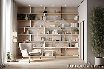 White bookshelves with an accent wall with chair , concept of Interior Design, created with Generative AI technology Stock Photo