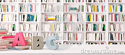 White Bookshelves in the library with ABC Letters on wooden table 3d render Cartoon Illustration