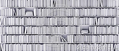 White bookshelves in the library with white books 3d render Cartoon Illustration