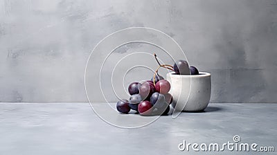 Minimalist Ceramic Bowl With Grapes On Concrete Wall Stock Photo