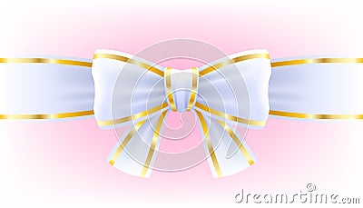 White bow on ribbon with golden edging. Vector Illustration