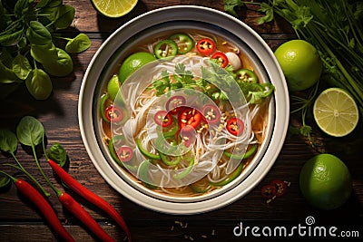 white bowl of flavorful Pho. Spicy vermicelli soup with chili and lime on wooden table, mix of fresh herbs, bean sprouts Stock Photo