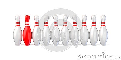 White bowling pins lined and red one. 3D Cartoon Illustration