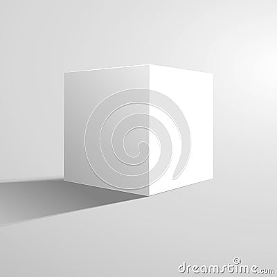 White box cube isolated on white background. Blank empty package 3d design. Gray shadow. Cube or square product design object Vector Illustration