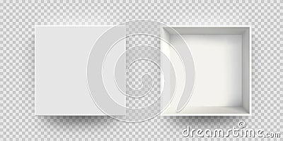 White box mock up vector 3D model top view. Isolated blank realistic open cardboard paper box mockup Vector Illustration