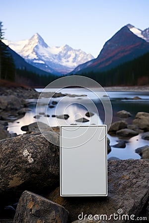 A white box sitting on top of a pile of rocks. AI. Stock Photo