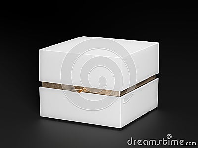 White Box. White square golden color box on black background. Packing for mockup. Gift box. 3d rendering. Stock Photo