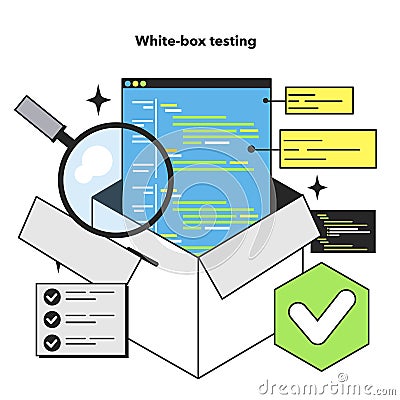 White box testing. Software testing methodology. IT specialist searching Cartoon Illustration