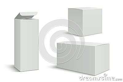 White boxes mockup. Blank 3d pack box for medicine cosmetic products. Long tall rectangle paper packaging with shadows Vector Illustration