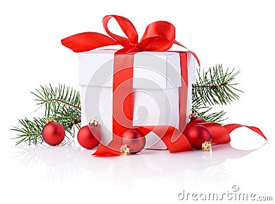 White boxs, red ribbon, tree branch and christmas ball Stock Photo
