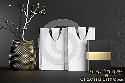 White branding paper shopping bag with handles and luxury black box Mock Up. Premium white package for purchases mockup Stock Photo