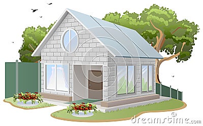 White brick house. Country cottage, tree, flower beds, fence Vector Illustration