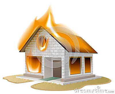 White brick house on fire. Country cottage in danger Vector Illustration