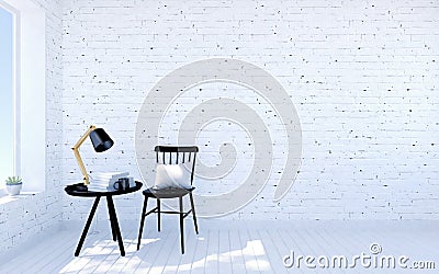 White brick modern living room interior with living space, black furniture nearby room window Stock Photo