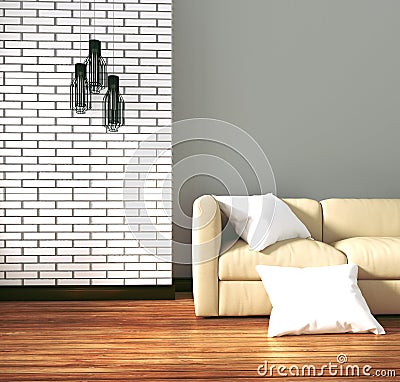 White brick room - loft style. 3D renderin Stock Photo