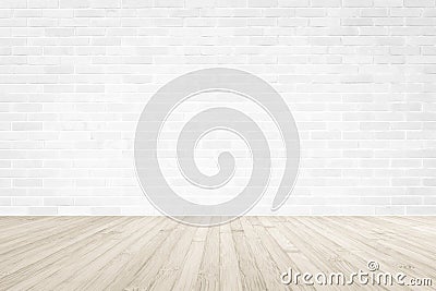 White brick wall with wooden floor textured background in sepia color Stock Photo