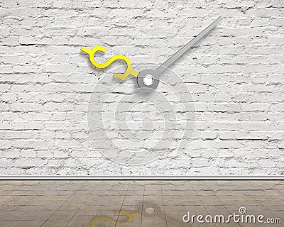 white bricks wall with money sign clock hands and reflective clean wooden floor, indoor , 3D rendering Stock Photo