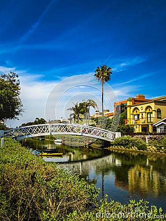 White Bridge and Beautiful Homes Along The Venice Canals Stock Photo