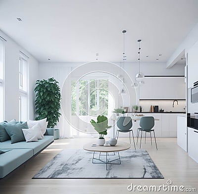 White Bright Clean Classic Modern Interior Living Room And Kithchen Island Big Windows Natural Sun Light Green Pot Plants, Large Stock Photo