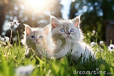 White British blue point kittens on the grass Stock Photo