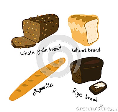 White and brown bread. Different types assortment Bakery shop. Hand drawn sketch. Vector cartoon. Vector Illustration