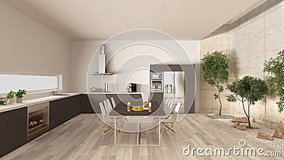 White and brown kitchen with inner garden, minimal interior design Stock Photo